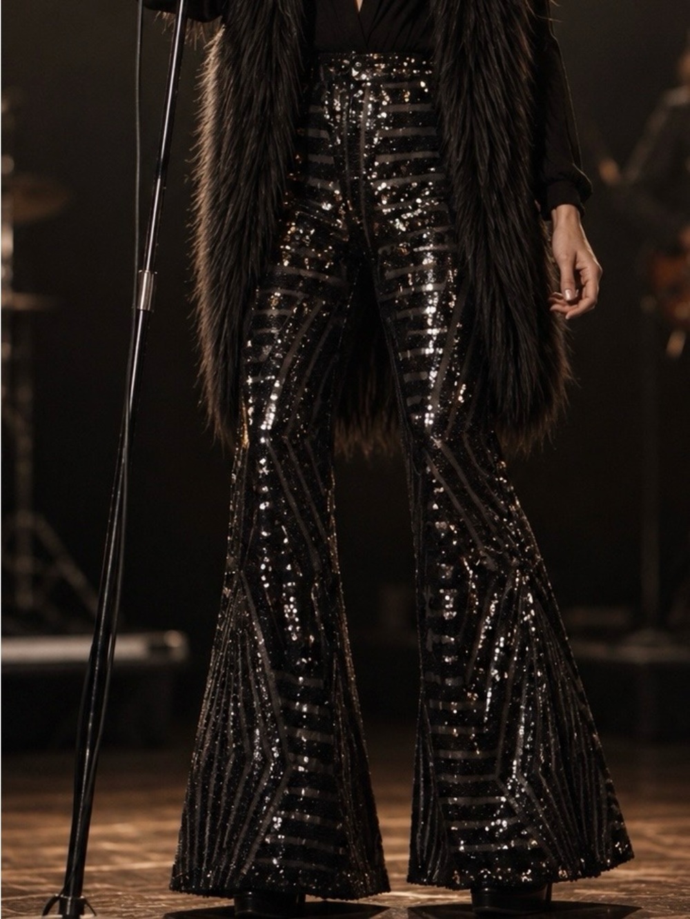 Black Sequin Bellbottom Pants NWOT